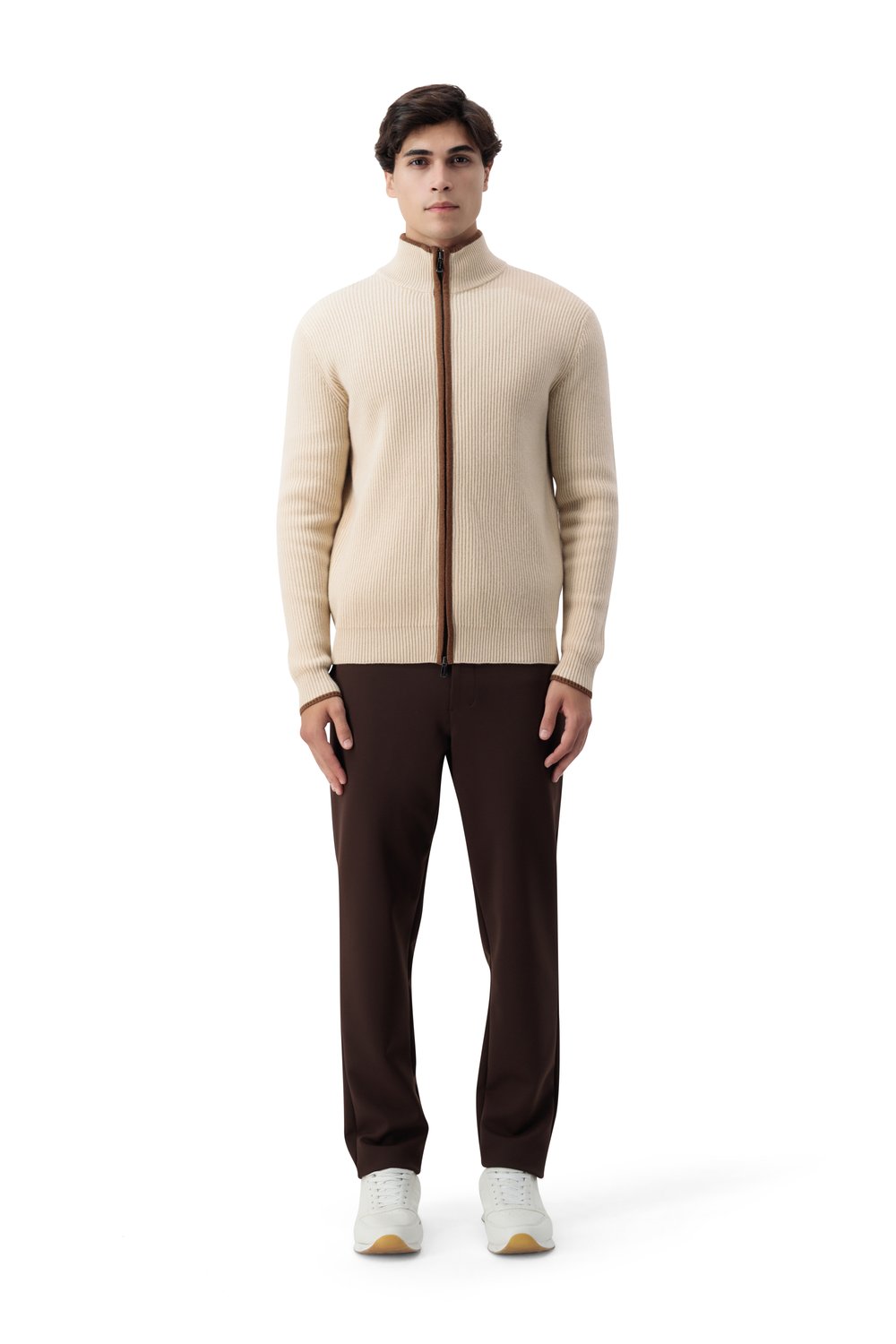 بلوفر صوف ميرينو بسحاب كامل - كريمي بيج