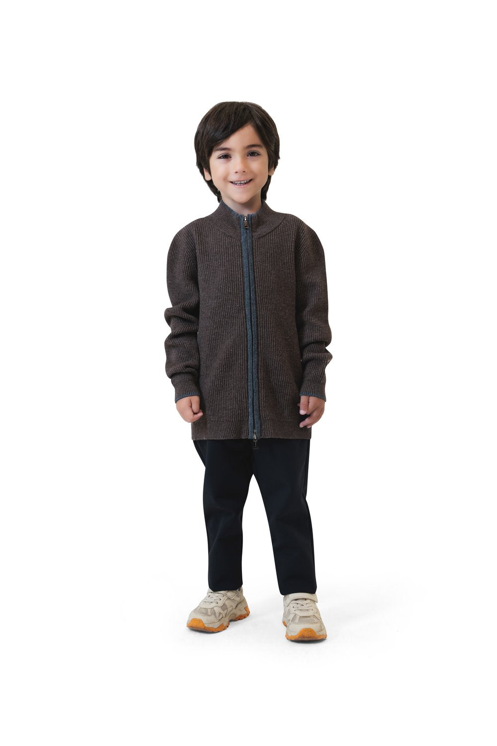 بلوفر أطفال صوف ميرينو بسحاب كامل - بني غامق