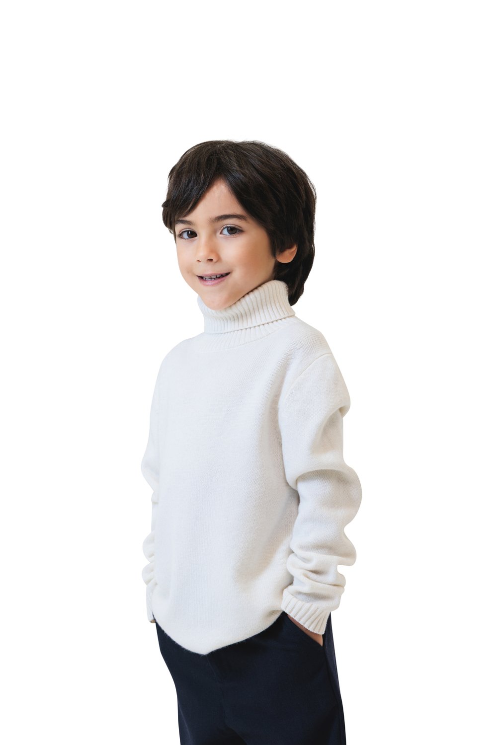 بلوفر أطفال صوف ميرينو هاي نيك - أبيض كريمي