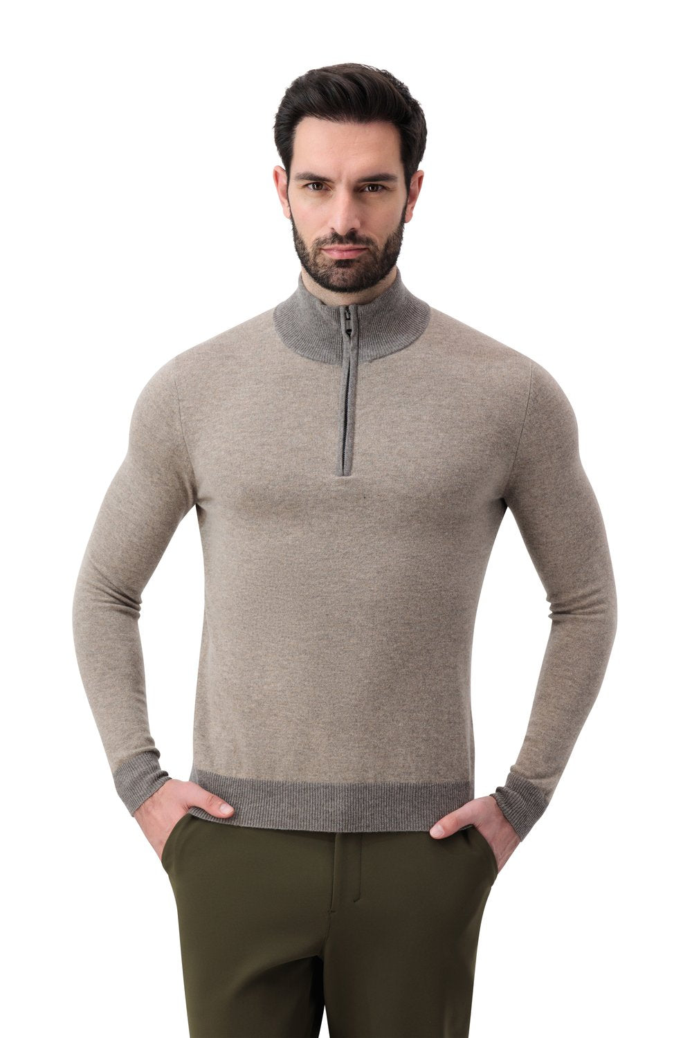 بلوفر صوف ميرينو بنص سحاب - رمادي كوبل