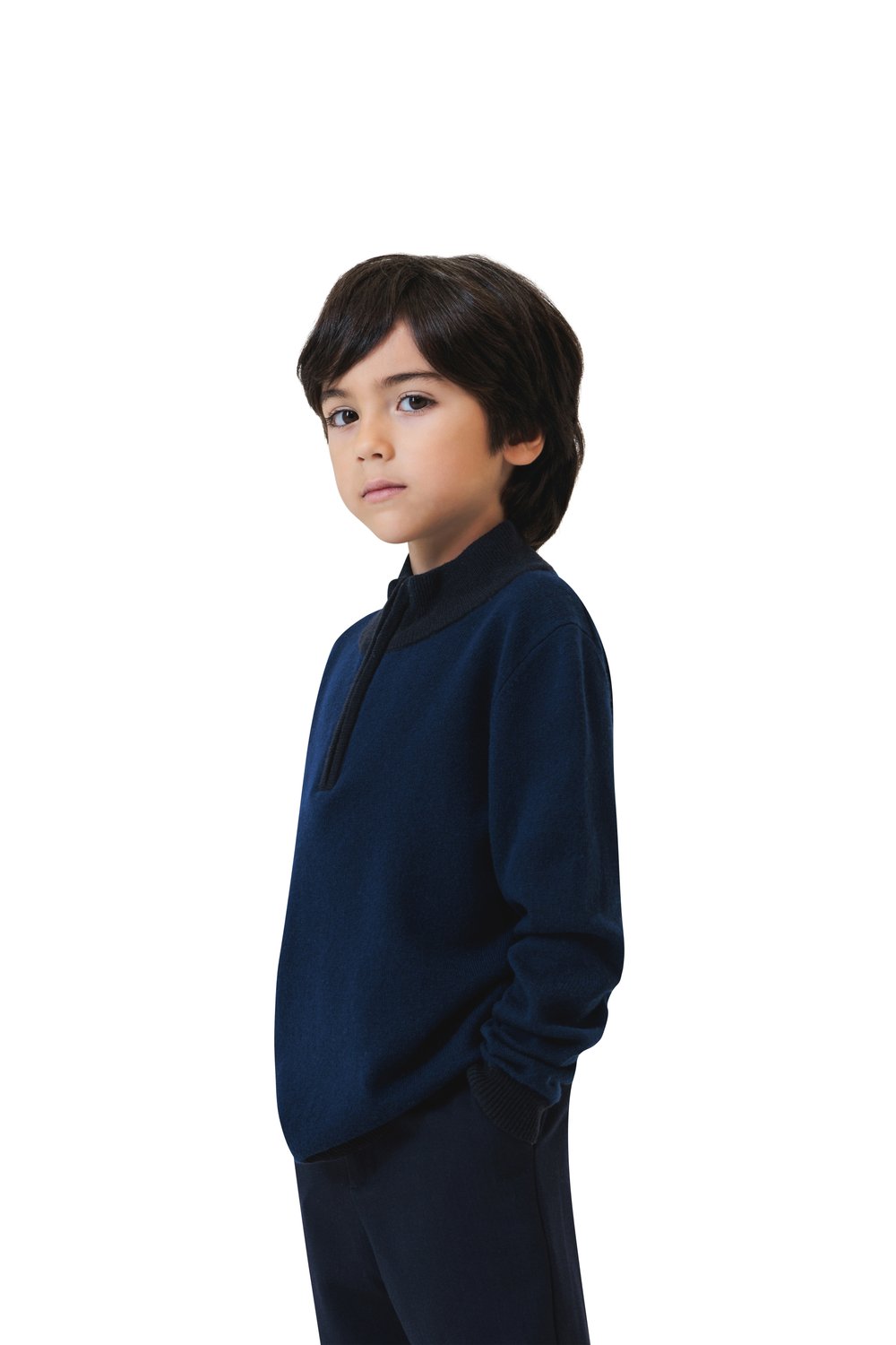 بلوفر أطفال صوف ميرينو بنص سحاب - كحلي