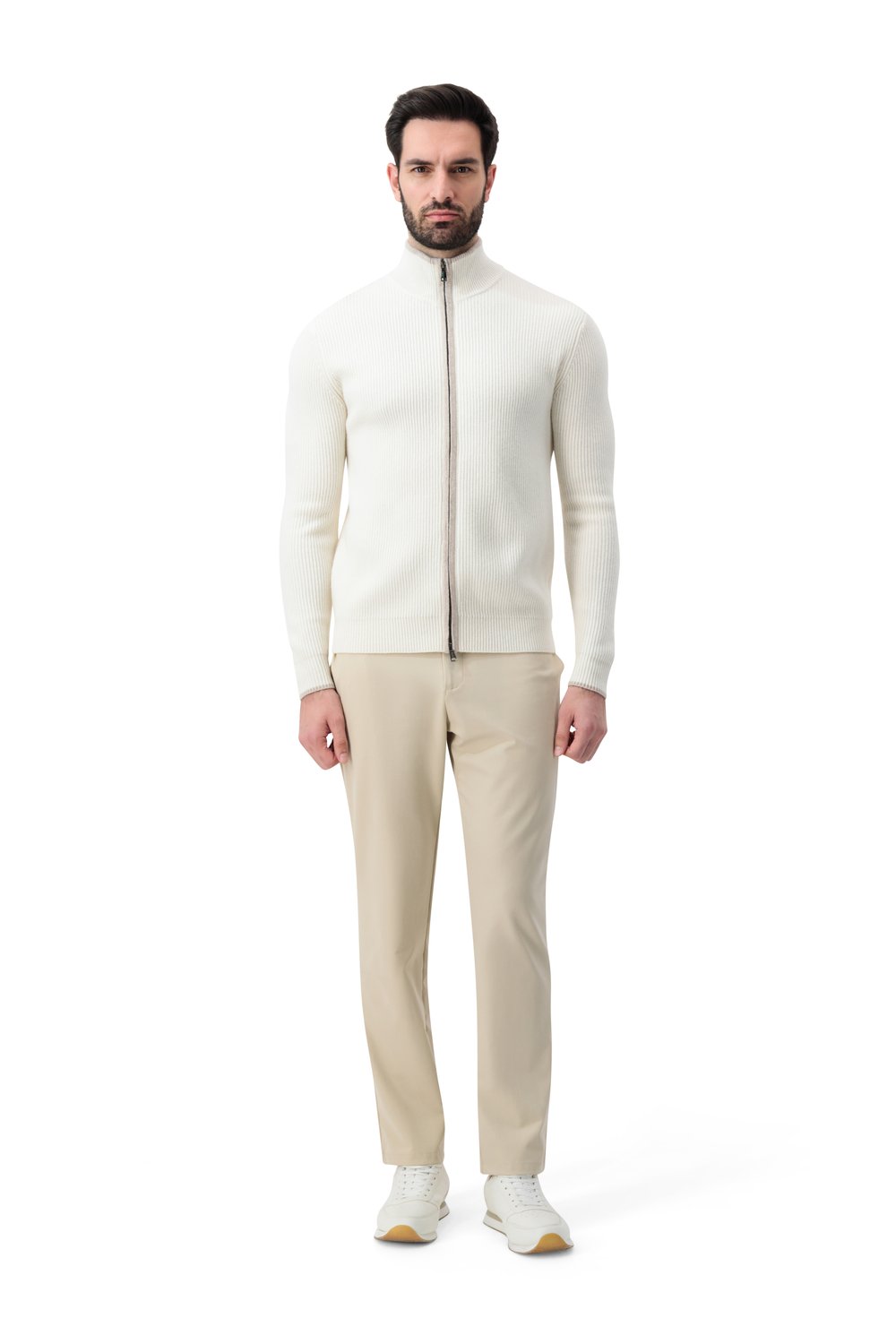 بلوفر صوف ميرينو بسحاب كامل - أبيض كريمي