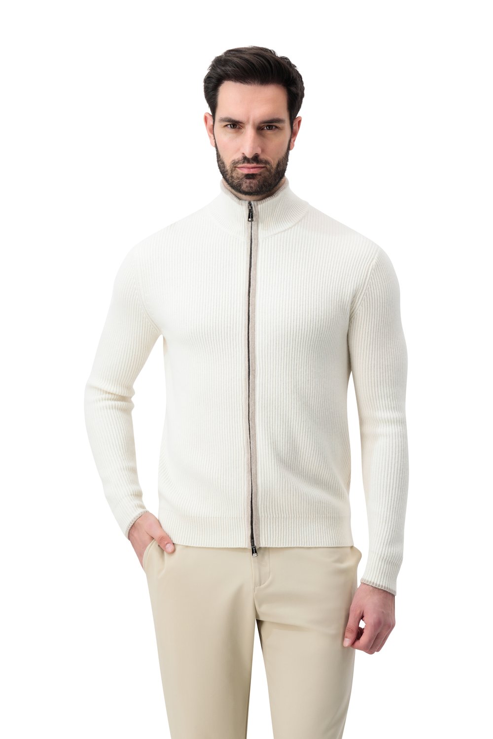 بلوفر صوف ميرينو بسحاب كامل - أبيض كريمي