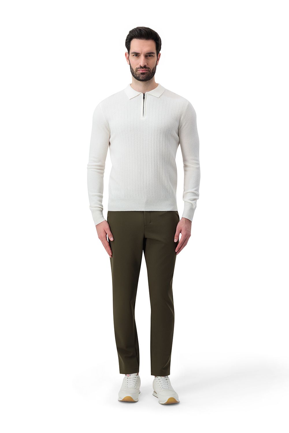 بلوفر صوف ميرينو بنص سحاب - أبيض كريمي