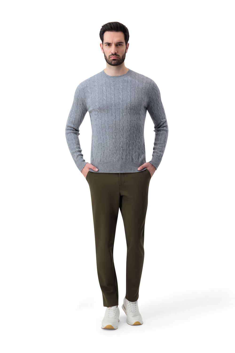 بلوفر كشمير برقبة دائرية - رمادي