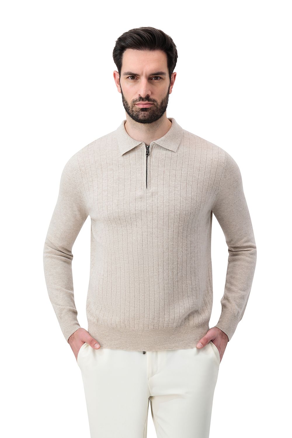 بلوفر صوف ميرينو بنص سحاب - بيج