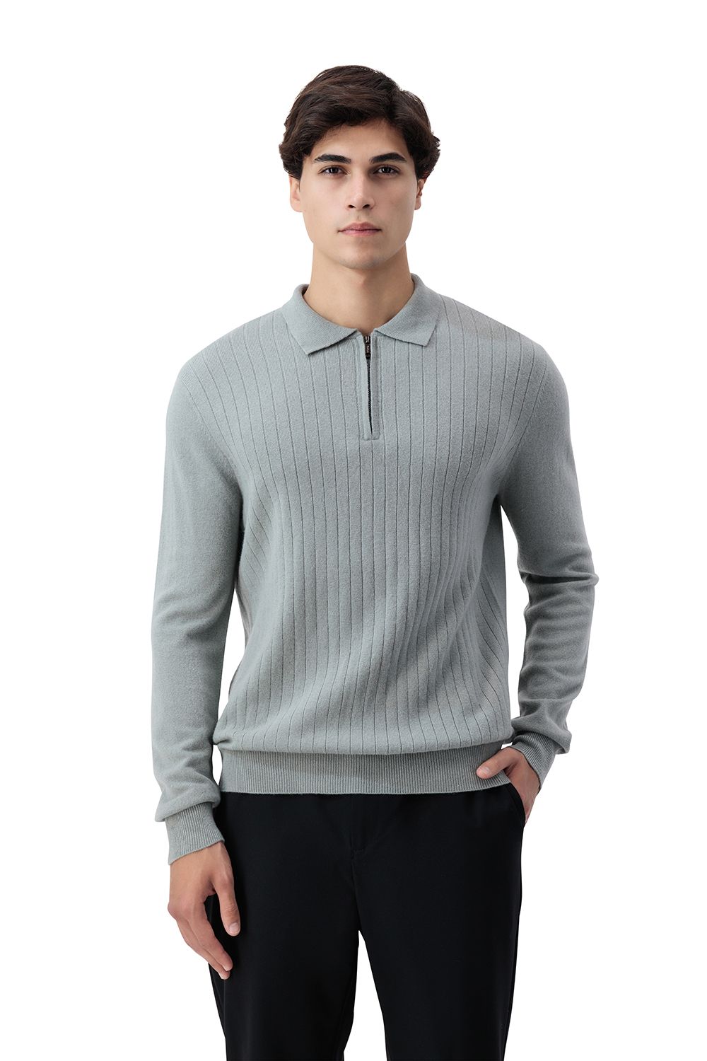 بلوفر صوف ميرينو بنص سحاب - رمادي زيتي