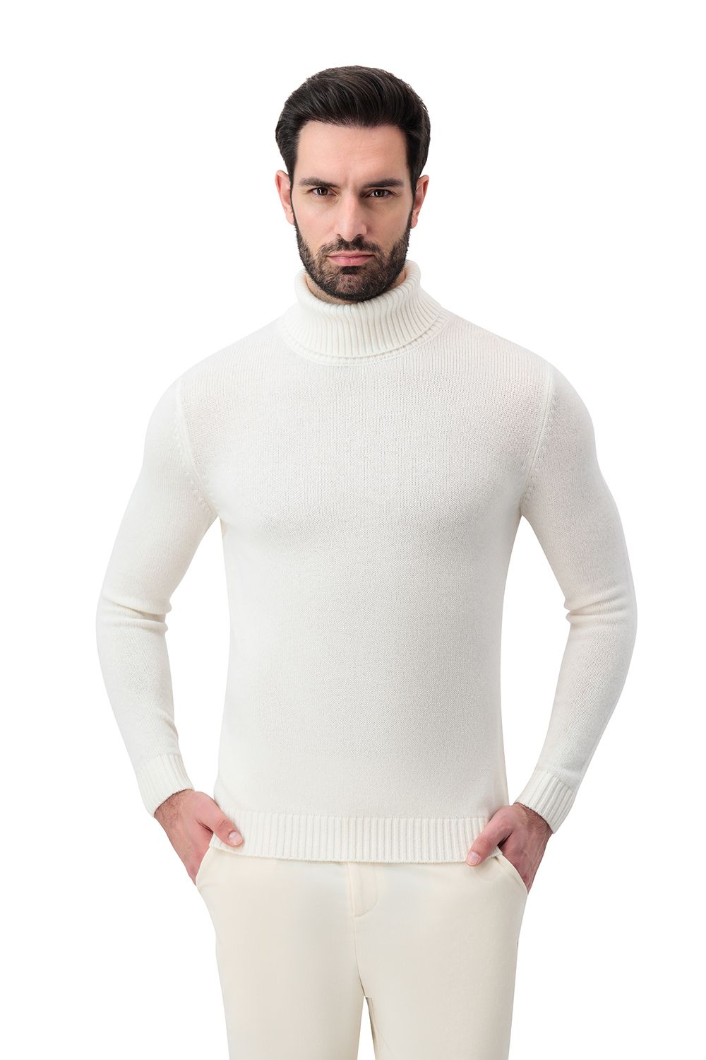 Rib turtle neck merino wool sweater cream white