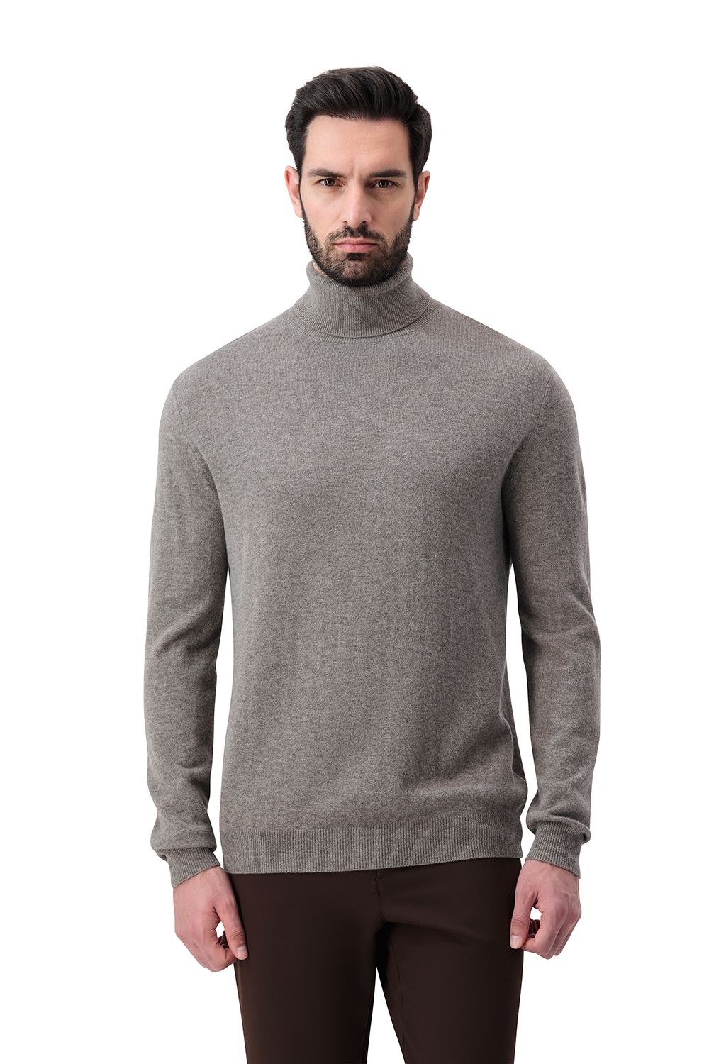 بلوفر صوف ميرينو هاي نيك - رمادي فاتح