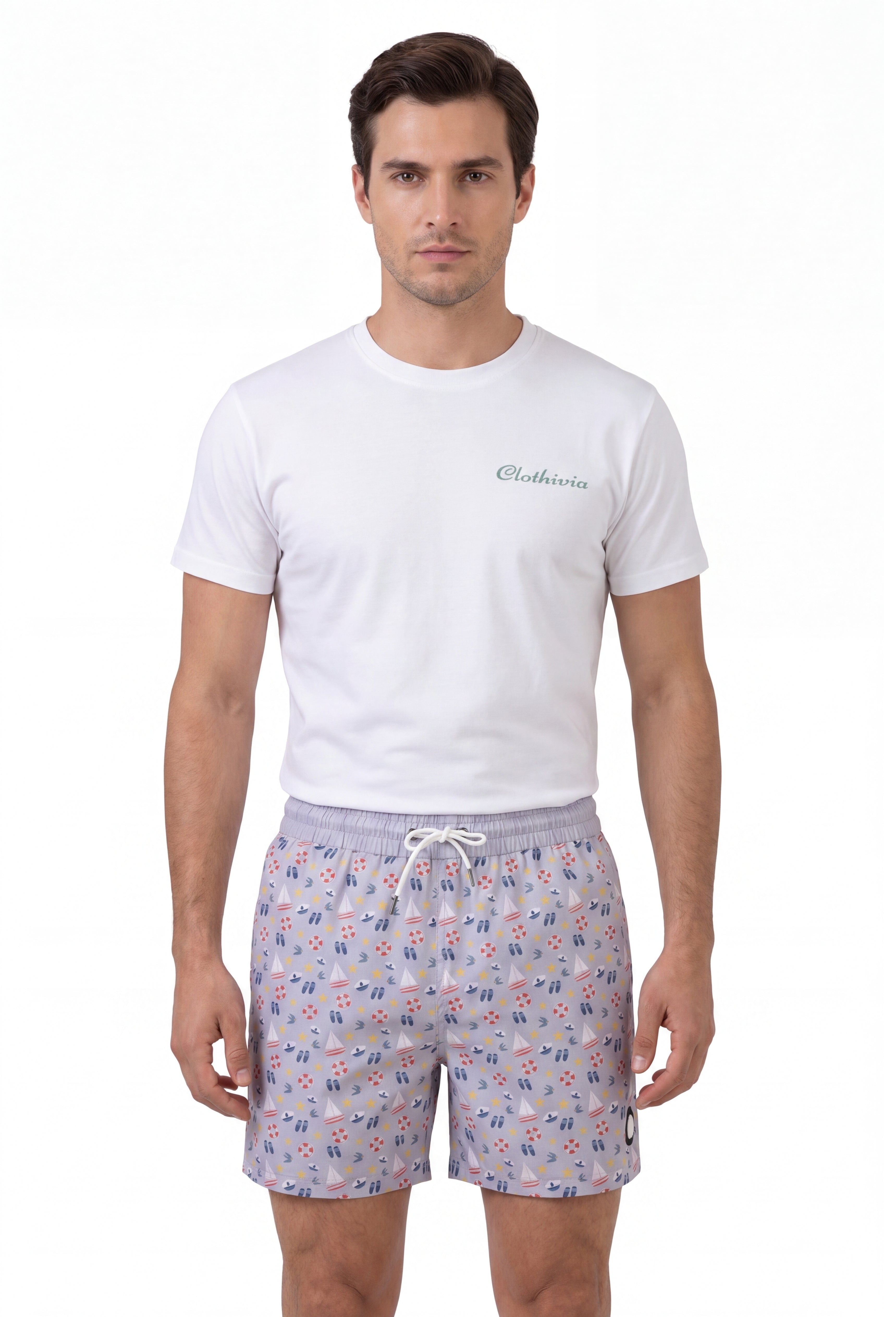 Nautical Swim Shorts -Gray × Linen Long Sleeves-Pink — Combo Look