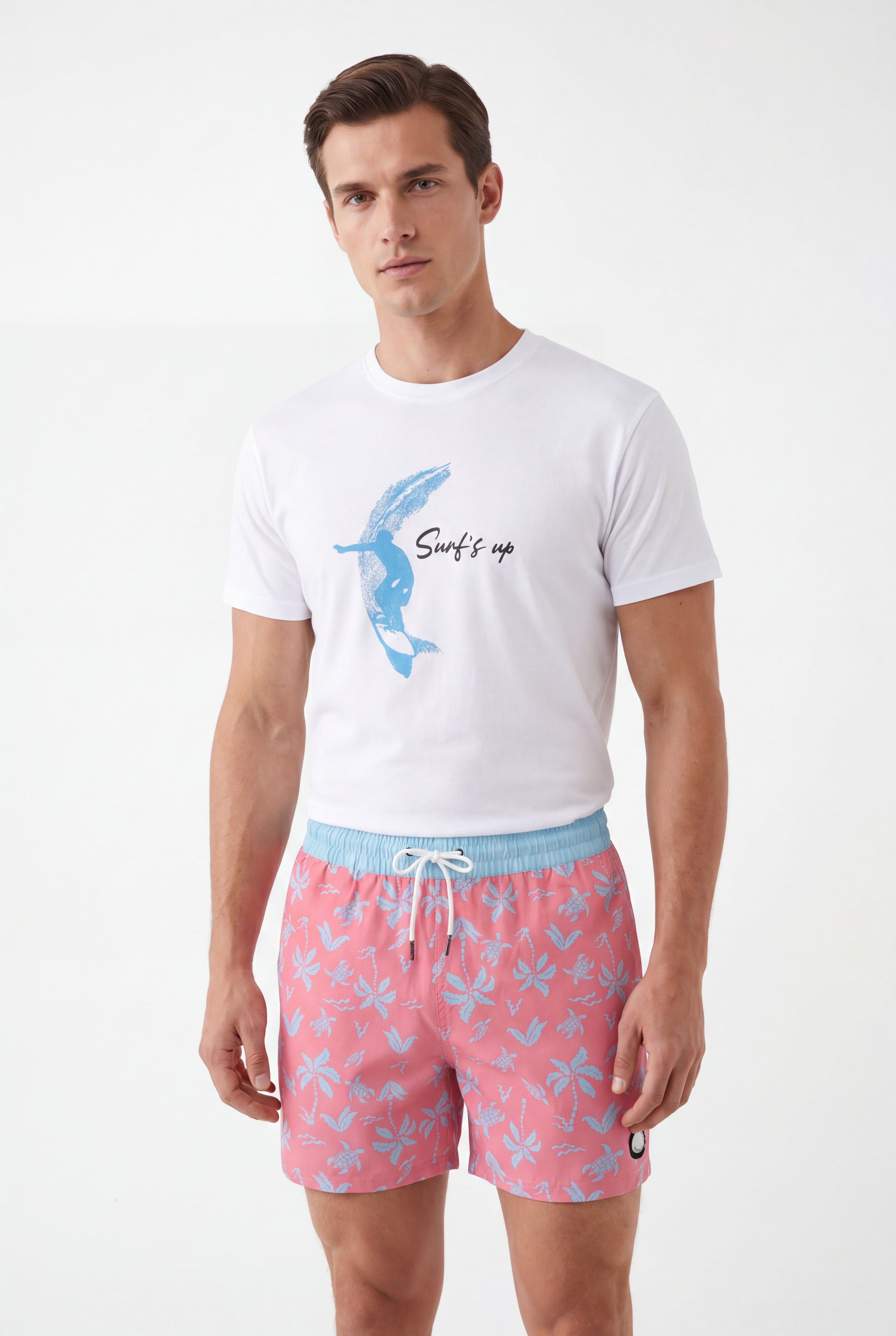 Aqua Palms Swim Shorts -Blue/Pink × Towel Polo-White — Combo Look
